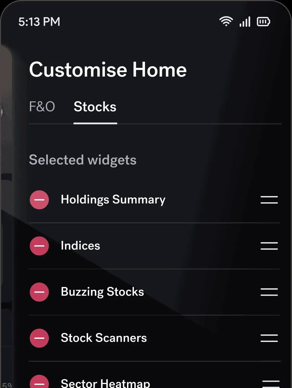 Customizable trading layout on Sahi app for personalized F&O and stock market analysis in India.